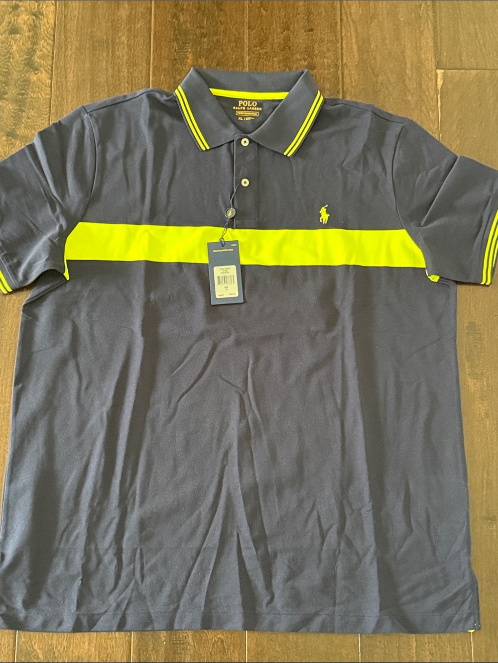 NWT Polo by Ralph Lauren Performance Navy Polo with Bright Yellow Chest Band